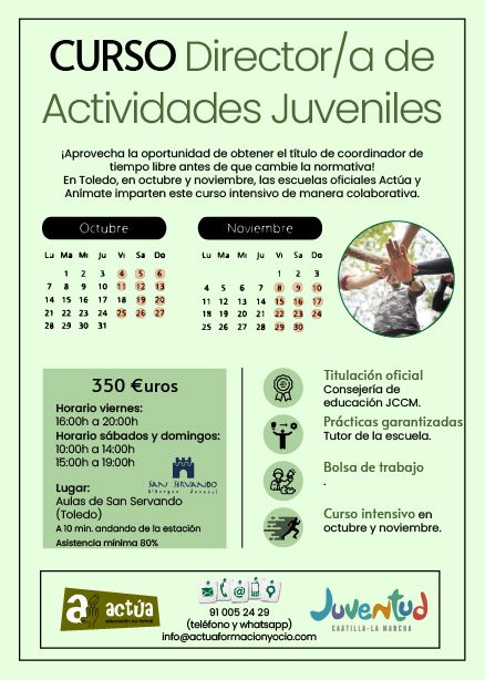 Cartel del curso de director o directora de actividades juveniles o coordinador o coordinadora de ocio y tiempo libre en toledo octubre y noviembre de 2024